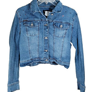Cropped Denim Jacket Western Style Yoke Rhinestone Youth Size X-Large. RVT Jeans
